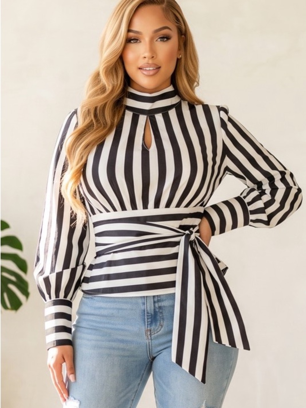 Black & White Striped Tie-Waist Mock Neck Top